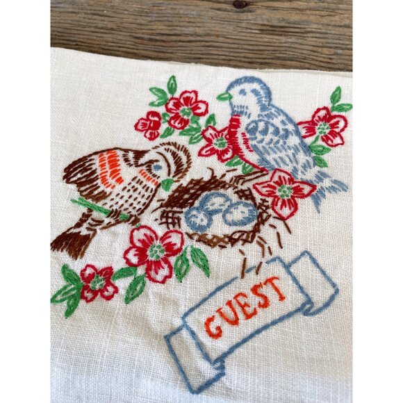 Vintage 1930s Lot 3 Tea Towels Embroidery Birds Butterfly Cottage Core - Picture 5 of 13
